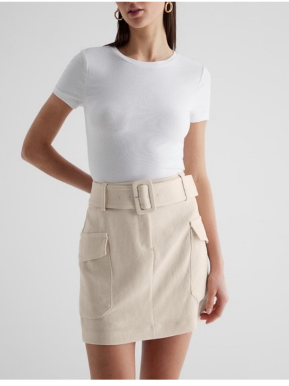 Express Ivory Belted Cargo Utility Mini Skirt Size 6 NWOT